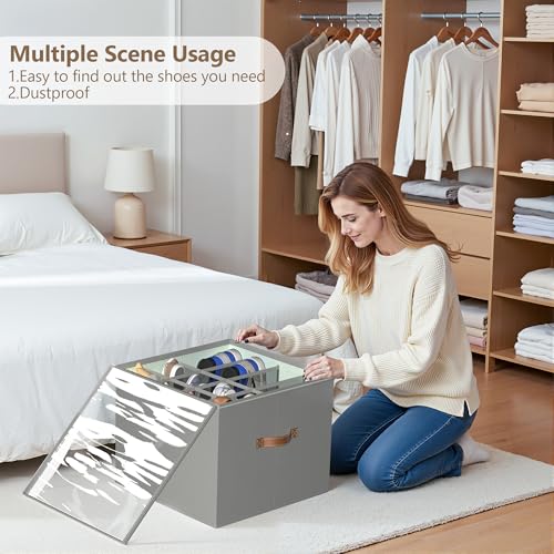 Vincona Shoe Organizer for Closet,2 Pack Shoe Storage Bins Foldable Shoe Storage Box Containers with Clear Cover and Sturdy Handles,Shoe Rack for Closet Storage for Sneakers Heels Slippers (Grey) - color: Grey, size: Large