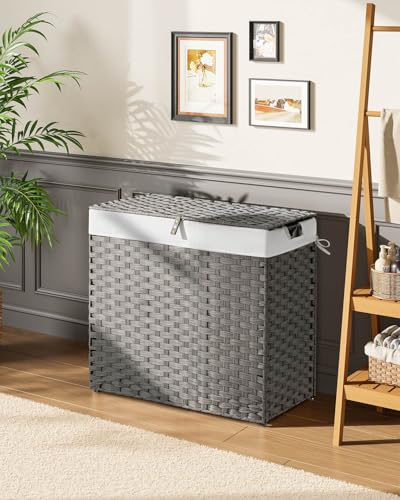 Greenstell Laundry Hamper with lid, No Install Needed, 130L Wicker Laundry Baskets Foldable 2 Removable Liner Bags, 2 Section Clothes Hamper Handwoven Rattan Laundry Basket with Handles, Gray - color: Gray, size: 130L (26.2x13.3x24.0 Inches)