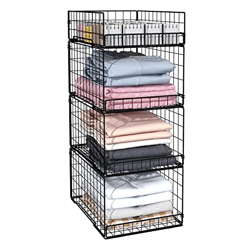 4 Pack Closet Organizers and Storage Shelves for Clothes, 4 Tier Stackable Closet Storage Basket Bin Container for Clothing Sweater Jean, Narrow, Foldable, Sturdy Metal System Organizer Shelf - color: Black