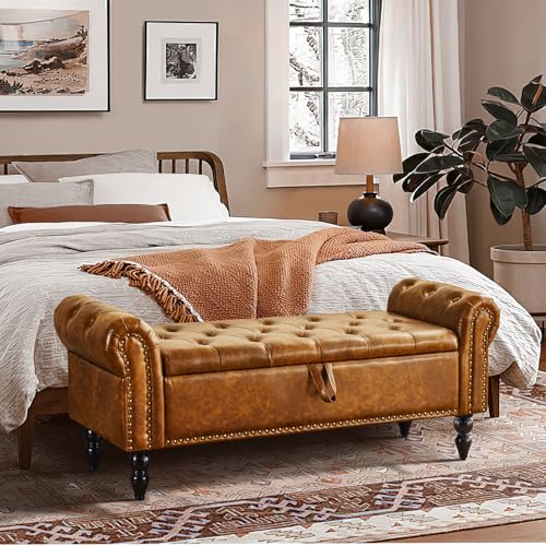 Furnimart Storage Bedroom Bench for End of Bed, Faux Leather Upholstered Storage Ottoman with Rolled Arms for Bedroom,Living Room, Entryway, 2.5Cubic Feet - color: Faux Leather/Brown