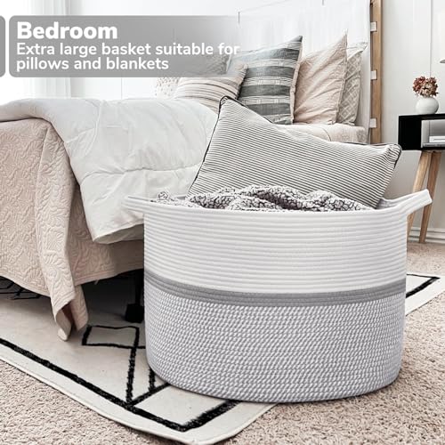 CHICVITA 85L Large Blanket Basket for Living Room, Woven Storage Baskets for Laundry Pillows Toys, Decorative Cotton Rope Basket with Handles for Bedroom Nursery, 22" x 22" x 14", Gray - color: Gray