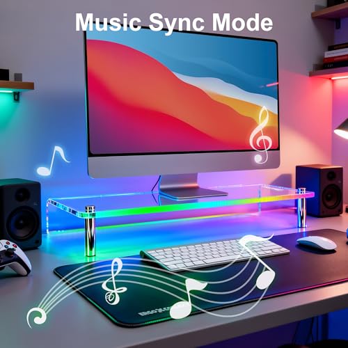 Acrylic Monitor Stand with WRGB Lights, Music Sync Clear Desk Riser with App & Button Control, Off Desktop Shelf for Gaming Setup and Home Office, Computer, Laptop, Printer, 23.6 Inch
