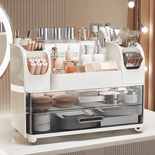 Makeup Organizer with Drawers for Vanity,Bathroom Countertop Organizer with Brushes Holder,Skincare Storage Organizer,Perfect Cosmetic Display Case for Skincare,Lipstick and Beauty Essential (White) - color: White