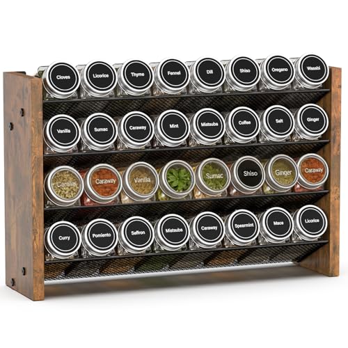 NESAPTO Spice Rack Organizer for Cabinet, Wooden 4 Tier Vertical Seasoning Organizers for Kitchen Pantry, Countertop/Wall Mount, Holds 32 Spice Jars (No Jars Included), 15.7" W × 9.4" H - size: Holds 32 Jars, 15.7"W × 9.4"H