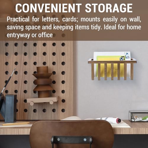 MyGift 11 Inch Premium Solid Acacia Wood Wall Mounted Mail Letter Holder Basket, Rustic Farmhouse Wooden Hanging Card Storage Rack, Home or Office Organizer