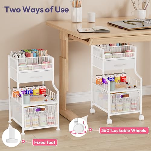 SWTYMIKI Rolling Under Desk Storage - Storage Cart with Drawers & DIY Divider - Art Cart Organizer on Wheels - Craft Rolling Utility Cart for Office, Craft Room & Studio White - color: White