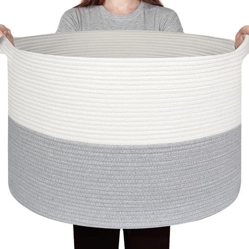 Extra Large Blanket Basket, 22"x14" Woven Cotton Rope Baskets for Organizing, Kids Dog Toy Bin Box, Large Wicker Blanket Storage for Living Room, Throw Pillow Holder Organizer, Gray/White - color: Gray and White