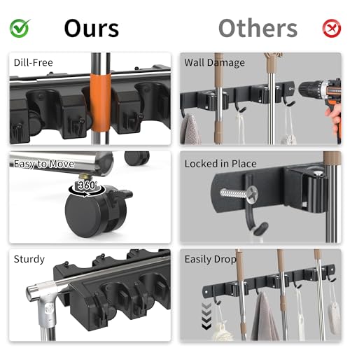 No-Drill Broom Holder Laundry Room Organization, Movable Cleaning Supplies Organizer, Cleaning Cart with 10 Racks and 12 Hooks, Broom and Mop Holder for Kitchen Laundry Garden Garage
