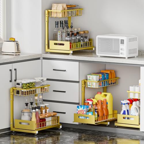 L-Shaped Under Sink Organizer, 2-Tier Pull Out Metal Kitchen Cabinet Organizer with Sliding Storage Drawer, Height Adjustable Heavy Duty Under Bathroom Sink Storage for Cleaning Supplies 1 Pack - color: Gold V2.0, size: 1 Pack