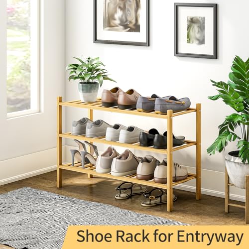 3-Tier Bamboo Shoe Rack for Entryway, Stackable | Heavy Duty | Multi-Function, Free Standing Shoe Racks for Bedroom Hallway Closet - color: Natural, size: 3-Tier-Standard