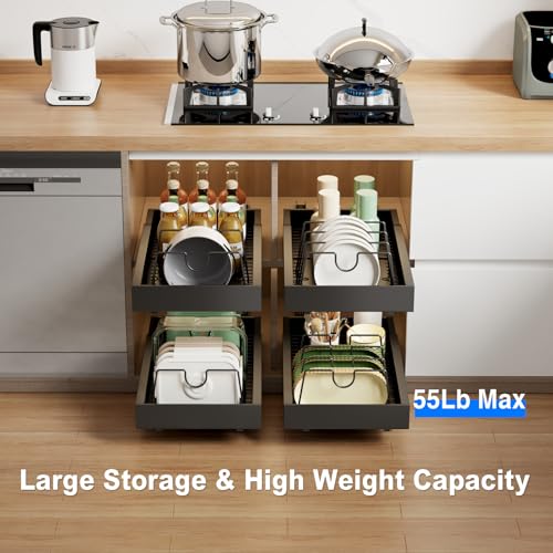 Mustorn 2 Pack Pull Out Cabinet Organizer with 8 Dividers,21.8" Deep Slide Out Drawers for Cabinets Adhesive Pull Out Drawers Heavy Duty Pull Out Shelves for Kitchen, Cupboard, Pantry, Bathroom-Black - color: Black, size: 21.8"D*12"W*2.95"H