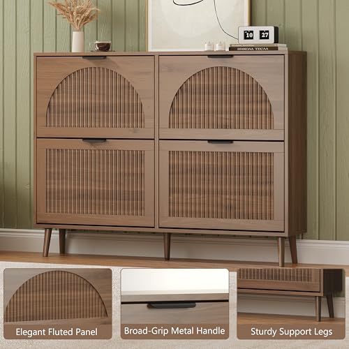BORNOON Shoe Cabinet for Entryway with 4 Flip Drawers, Slim Wooden Shoe Storage Organizer with Modern Fluted Pannel，Freestanding Narrow Hidden Shoe Rack for Hallway, Foyer, Living Room - color: Walnut, size: 4 Flip Drawers