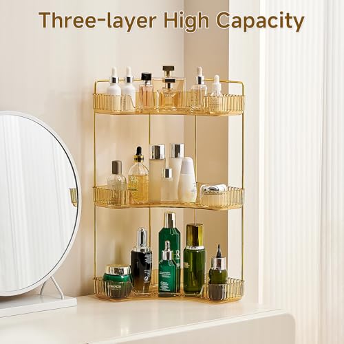 Ceruaxb 3-Tier Corner Bathroom Counter Organizer, Plastic Countertop Makeup Organizer, Large Capacity Vanity Bathroom Perfume Shelf Rack for Kitchen Office Desktop (Amber) - color: Amber