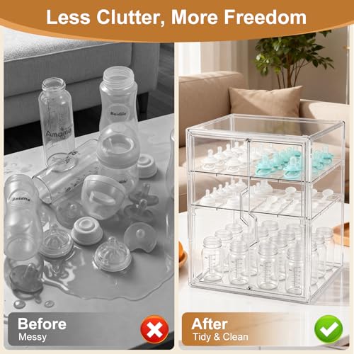 ERTIUANIO Baby Bottle Organizer – 3 Tier Acrylic Bottle Storage Organizer Container, Clear Plastic Bottle Station Organizers Drawers with Double Magnetic Doors for Countertop Kitchen Vanity, Bathroom - size: X-Large, style: 3-Tier Double-Door