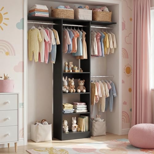 Cyclysio 4FT Small Closet System, 80"H Closet Organizer System with 4 Closets Rods & 3 Shelves, 48" Closets Organizers and Storage for Small Bedrooms, Laundry Rooms, Cloakrooms, Black - color: Black