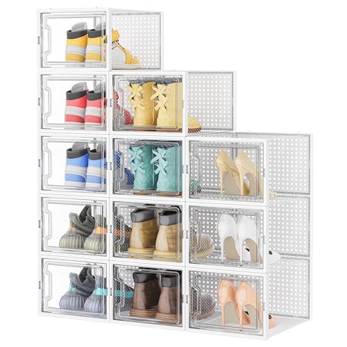 HOMIDEC Shoe Storage, 12 Pack Shoe Organizer for Closet, Shoe Boxes Clear Plastic Stackable Shoe Containers with Lids for Size 13 - color: White, size: XL