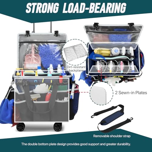 Large Rolling Cleaning Caddy Bag with Detachable Trolley, Full Support Plates for Professional Cleaning Supplies Bag, Organizer Bag with 4 Universal Wheels for Housekeepers, Car Wash (Blue) - color: Blue