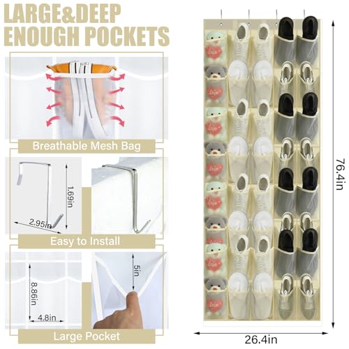 Windyun 2 Pack 40 Over the Door Shoe Organizers Large Mesh Pocket Hanging Shoe Rack for Closet Nonslip Behind Door Storage Holder Back to School Organizer for Dorm Room College Storage (Beige) - color: Beige