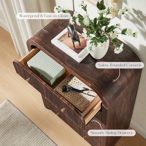 T4TREAM Fluted 5 Drawers Dresser, 48" Tall Modern Chest of Drawers with Thickened Curved Profile Design, Wood Closet Clothes Storage Organizer for Bedroom, Living Room, Hallway, Dark Walnut - color: Dark Walnut, size: 15.7"D x 31.5"W x 47.6"H (5 Drawers)