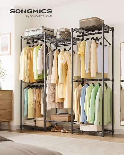 SONGMICS Heavy-Duty Clothes Rack, Garment Rack, Portable Closet, 56.9-Inch Wide Clothing Rack, with Adjustable Mesh Shelves and Hanging Rails, Ink Black ULGR432B01 - color: Ink Black, size: 56.9"L x 76"H, style: Without Fabric Cover