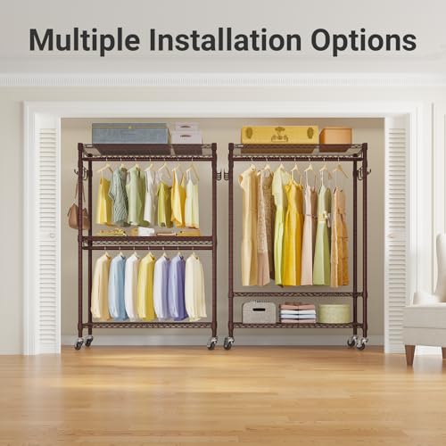 VIPEK R2 Plus Rolling Clothes Rack for Hanging Clothes Heavy Duty Clothing Rack 3 Tiers Adjustable Metal Wire Shelving Garment Racks with Side Hooks, Closet Organizers and Storage Wardrobe, Bronze - color: Bronze, size: R2 Plus