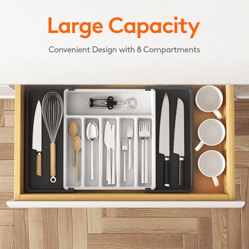 Lifewit Silverware Drawer Organizer, Expandable Utensil Tray for Kitchen, BPA Free Flatware and Cutlery Holder, Adjustable Plastic Storage for Spoons Forks Knives, 13-22 x 15", White&Black - color: White&black, size: XL (13-22''W x 15''D)