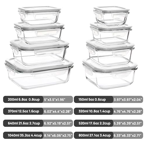 Vtopmart 8 Pack Glass Food Storage Containers with Airtight Lids, Glass Meal Prep Containers, Lunch Office Meal for Microwave, Oven, Freezer and Dishwasher, BPA Free - color: Grey
