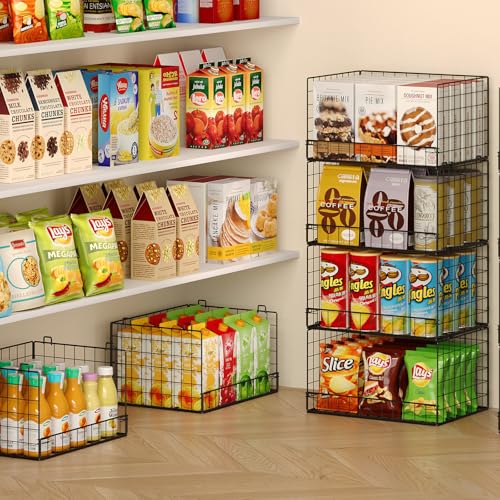4 Pack Stackable Wire Baskets for Pantry Organizers and Storage, Large Pantry Basket for Snack Organizer, Foldable Fruit and Vegetable Storage Bin Store Can Onion Potato for Kitchen Cabinet/Countertop - color: Black, size: 4-Tier