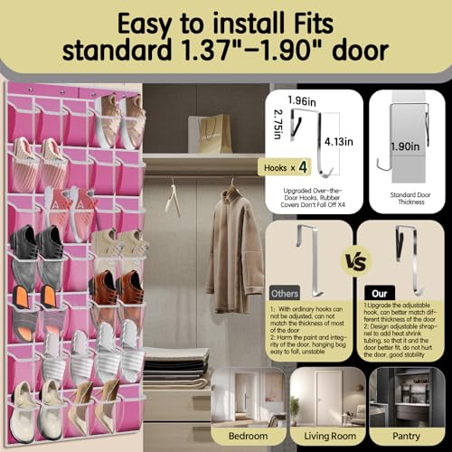 PAULONE 35 Pocket Over the Door Shoe Organizer,Reusable Breathable Large Mesh Bag Men's & Women's Sneaker Organizer,Shoe Organizer for Kids,Hanging Shoe Storage Hanging Bag (Pink) - color: Pink