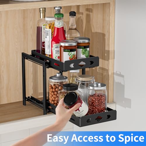 BOIVSHI Pull Out Spice Racks for Inside Cabinets, 2-Tier Cabinet Spice Rack Organizer, Height Adjustable Vertical Spice Rack for Kitchen Cabinet (7.5''Wx10.8''Dx9.2''H, Metal Black) - size: 7.5''Wx10.8''Dx9.2''H,2 Tier