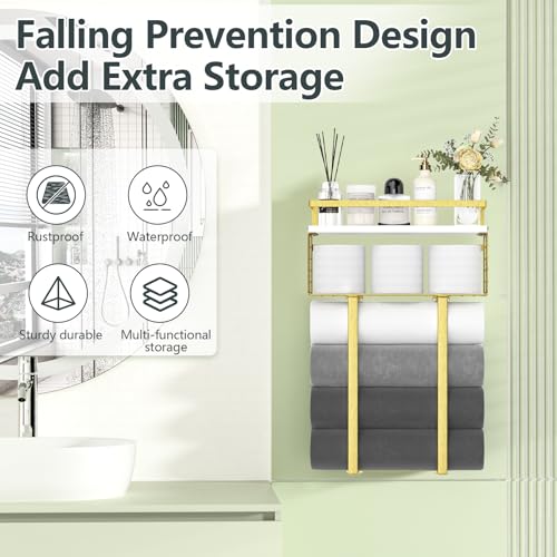 Towel Racks for Bathroom, Bathroom Shelf Over Toilet,Floating Shelves with Towel Rack Paper Holder Storage Basket,Floating Shelves for Wall Decor,Gold - color: Golden, size: Large