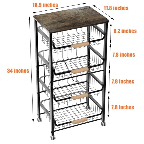 NiuYichee 5-Layer Fruit Basket Kitchen Food Organizer and Rack, Stackable Storage Cart with Desktop, Pull-Out Hollow Metal Basket, Wheeled Sorting Rack Spice Rack, Black - color: Black 5-layer Rack
