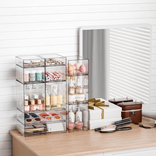 Yieach 6 Pack Small Stackable Storage Drawers,4.4 Inch Tall Stacking Acrylic Clear Storage Bins for Bathroom Vanity,Undersink,Pull Out Drawer Organizers for Beauty,Makeup,Medicine Cabinet Organizers - color: Clear-4.4 In Tall, size: 6 PCS
