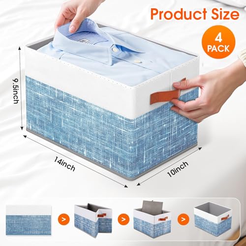 Fab totes Collapsible Storage Baskets for Shelves,14"x10", 4 Pack Foldable Fabric Storage Bins with Double Leather Handles, Large Baskets for Organizing Books, Clothes, White & Blue - color: Blue, size: 4pack