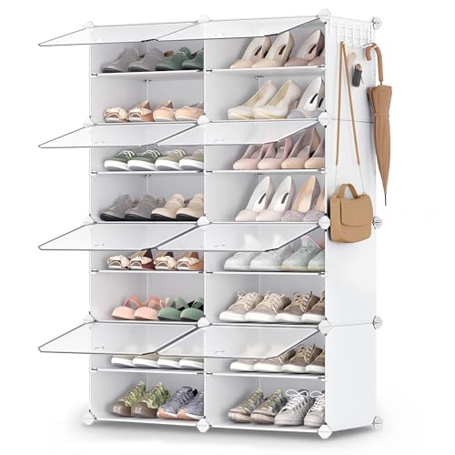 SONGMICS Shoe Rack Organizer, 8-Tier Shoe Storage Cabinet for Closet and Entryway, Holds 32 Pairs of Shoes, Adjustable, Cloud White and Trasparent ULPC034W01 - color: Cloud White + Trasparent, size: 8 Cubes