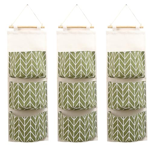COVRA 3-Pack Wall Hanging Storage Bags – Over-the-Door Organizers with 3 Large Pockets (6.3" × 5.1"), Hanging Closet & Pantry Organizer for Bedroom, Bathroom, Dorm, and More (Green) - color: Green