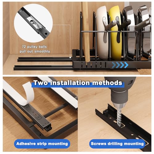 Mustorn Pots and Pans Organizer Under Cabinet, 21.6" Deep Pull Out Pot Lid Organizer Holder with Guardrail Adhesive Pot and Pan Holder Rack with 10 Adjustable Dividers-1 Pack(Black) - color: Black, size: 1 Pack