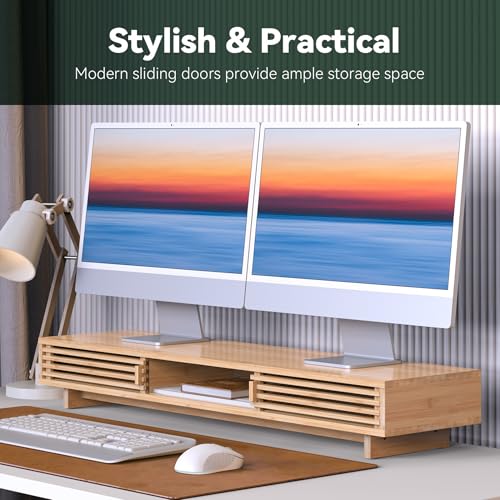 Dual Monitor Stand Riser with Sliding Door, Double Computer Laptop Stand Desk Shelf Organizer with Storage for 2 Monitors (Natural Bamboo, 38 Inch) - color: Natural Bamboo, size: 38 Inch