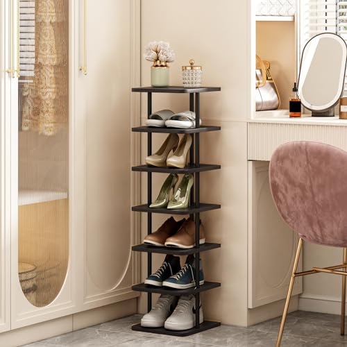 SORCEDAS 7 Tiers Vertical Shoe Rack Wooden Shoe Storage Organizer for Space Saving Narrow Shoe Shelf Storage 7 Pairs for Entryway Living Room Bedroom(Black + Rustic Dark Brown) - color: Black + Rustic Dark Brown, size: 7 Tier-Standard