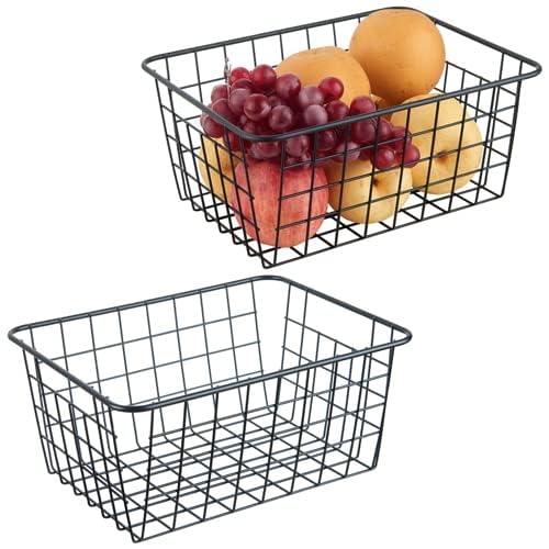 JUNCHU CHERRY Wire Kitchen Storage Basket 2 Packs,Perfect Pantry Organization Accessories Basket,Laundry,Countertop Organization,Suitable for Kitchen,Bathroom,Bedroom,Tabletop,Stackable,Black - color: Black-2