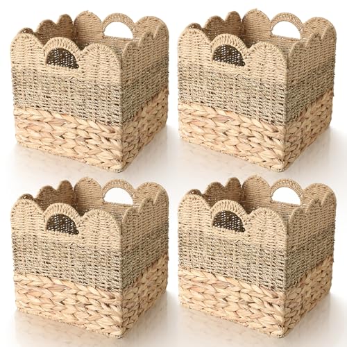 12x12 Storage Cube Bins Wicker Storage Basket for Cube Shelf, Set of 4 Collapsible Scalloped Storage Bins with Handle, Square Woven Baskets for Organizing Shelves Bedroom Pantry - color: Natural