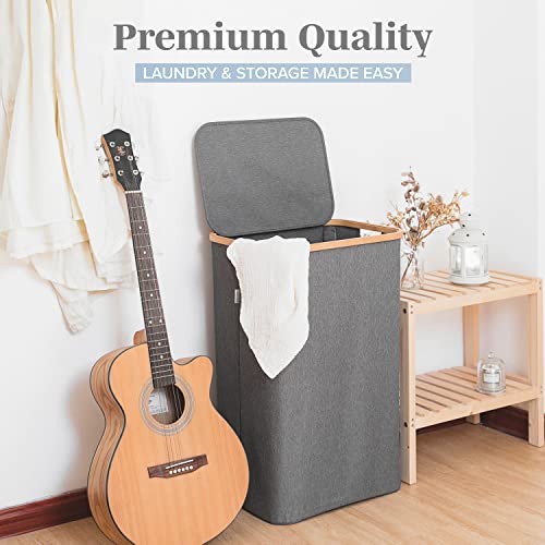 LONBET Laundry Basket with Lid, Made from Breathable Fabric | Aesthetic Clothes Hampers for Laundry with Side Handles & Sturdy Bamboo Frame (26 Gallons - Single, Gray) - color: Gray, style: 26 Gallons - Single