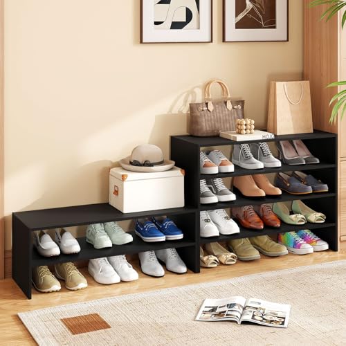 Tangkula 6-Tier Stackble Vertical Shoe Rack, Space Saving Wooden Corner Shoe Storage Shelf for 18 Pairs, 3-in-1 Adjustable White Shoe Organizer for Front Door Entryway - color: Black