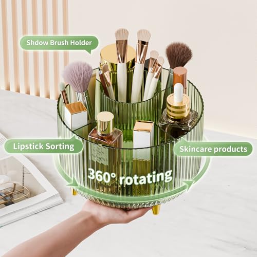 Clear Rotating Makeup Organizer Countertop for Vanity, 360° Makeup Brush Holder Organizer with 5 Compartments, Transparent Cosmetic Storage for Lipstick, Skincare, Bathroom Counter(Transparent Green) - color: Transparent Green