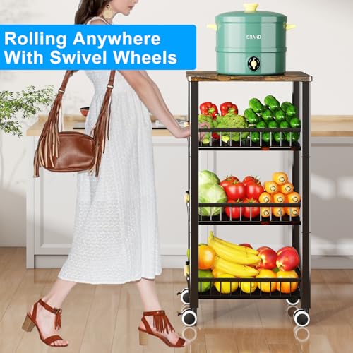 Fruit Vegetable Storage Basket for Kitchen, 4 Tier Large Pull-Out Metal Wire Baskets with 3 Pack Mats Bottom, Wood Top and Wheels, Vegetable Produce Bins Stand Cart Rack for Onions and Potatoes - color: 4 Tier-black With Three Mats and Wood Top