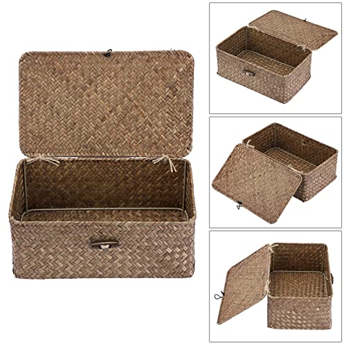 Sumnacon Small Wicker Basket with Lid Rectangle Woven Baskets for Toiletries Tampon Storage,Wicker Storage Basket with Lid,Decorative Seagrass Storage Baskets for Shelf Bathroom Toilet Table,Coffee - color: Coffee, size: Small