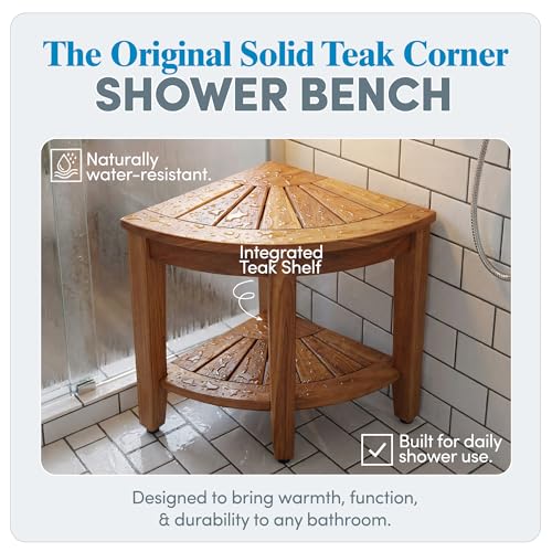 AquaTeak The Original 15.5" Kai Corner Teak Shower Bench - Shower Stool with Storage Shelf for Bathroom - Durable Water Resistant Shower Chair - Shaving Foot Rest - Indoor & Outdoor Use - size: Original 15.5", style: Corner Stool With Shelf