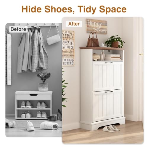 Shoe Storage Cabinet with 2 Flip Drawers, 24" W Farmhouse Modern Hidden Shoes Rack Cabinet with Adjustable Shelves & Open Storage, Narrow Slim Shoe Organizer for Entryway, Hallway, Antique White - color: Antique White, size: 2-Drawers
