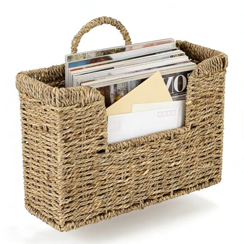 Woven Hanging Basket for Wall, Magazine and Mail Organizer Holder with Sturdy Frame,Seagrass Magazines Baskets Also Stands on Tabletop, Wall Mount Storage Rack for Home Office - color: Sea Grass