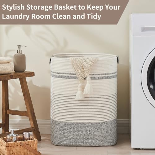 AINUOQI Laundry Basket with Handles - Blanket Basket & Hampers for Bedroom Aesthetic, Laundry Hamper & Blanket Storage for Living Room, Clothes Hamper, Tall, Large 17" x 14" x 22”, Grey & White - color: Grey & White, size: 85L